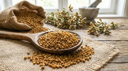 Fenugreek seeds spilling from burlap sack onto wooden table with bowl and green leaves, natural light kitchen scene, organic spice ingredient for cooking, nutrition, herbal remedies and wellness use! © Rohan Katwe