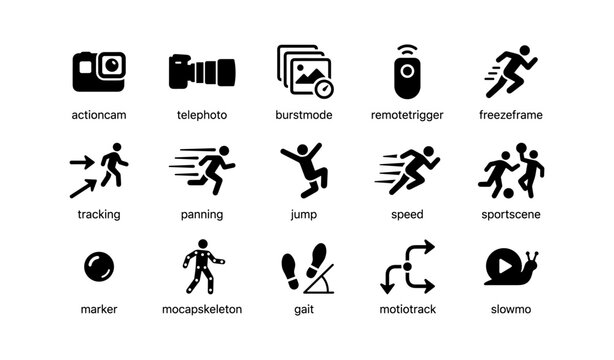 Action and motion icons representing sports and capture modes on white