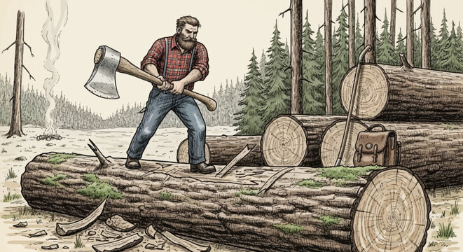 Lumberjack chopping wood with axe in forest illustration
