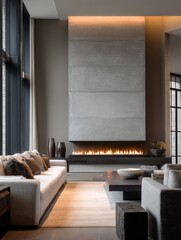 Naklejka premium Modern Luxury Living Room with a Sleek Concrete Fireplace and Plush Seating Area