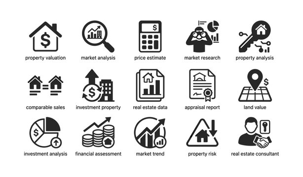 Real estate valuation icons showing market analysis and property data