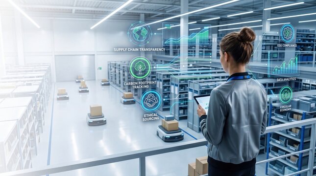 Business woman managing warehouse inventory smart factory automation with robots supply chain transparency ESG compliance data analytics dashboard carbon footprint tracking