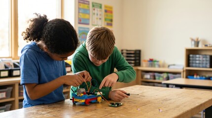 Naklejka premium Two elementary school students diverse boy and girl learning science and engineering building a robot toy car with Lego STEM education in classroom teamwork and technology focus