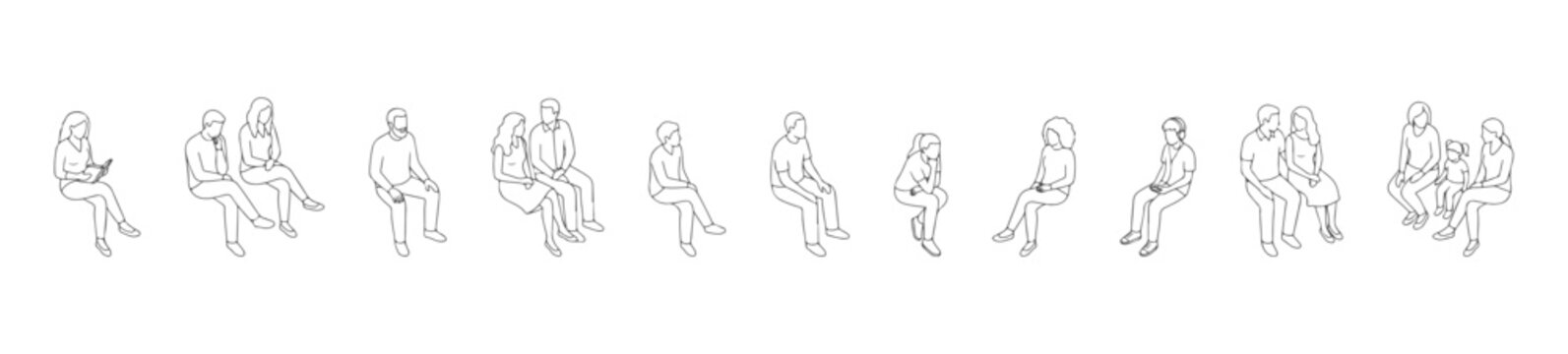 Side View Sitting People White Fill Set, Diverse Seated Characters Collection with Clean Solid Shapes for Architectural Elevation, Public Seating and Interior Design Vector