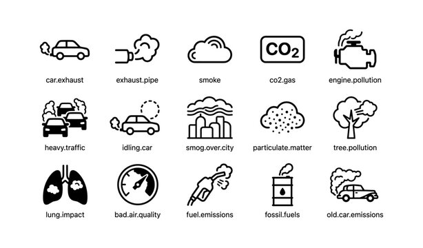 Air pollution icons showing vehicle and industrial emission symbols