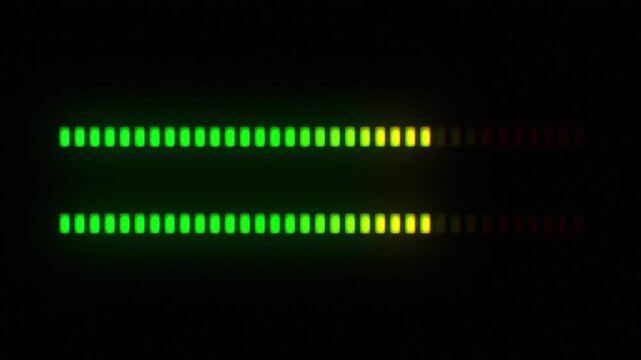 Dynamic Green Horizontal audio spectrum equalizer bars. Pulsing music visualization on black background. Digital frequency equalizer sound signal visualization. Frequency level indicator