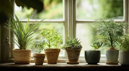 Fototapeta premium Row of diverse potted houseplants thriving on a windowsill with a blurred green outdoor background