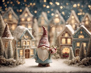 Fototapeta premium Whimsical Christmas Gnome Holding Flowers in a Snowy Village with Twinkling Lights