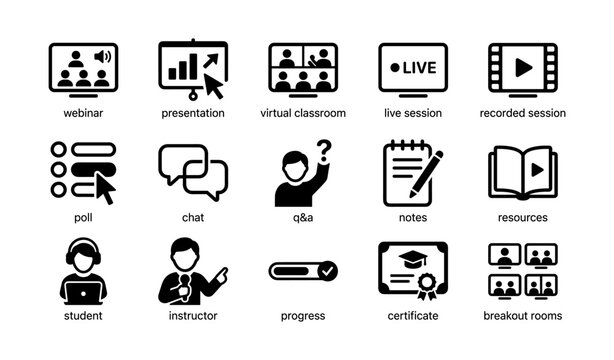 E learning icons representing webinar tools and session features