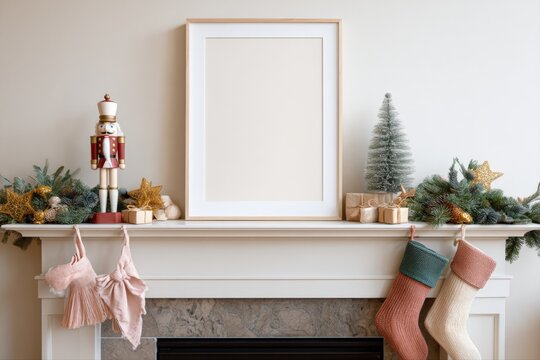 Festive Christmas Mantelpiece Mockup with Blank Frame, Ornaments, and Stockings