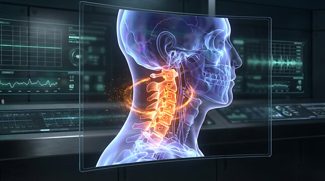 Human skeleton, glowing blue transparent head and neck with highlighted spine and C1-C7 vertebrae, medical technology background with graphs and charts, symbolizing health, anatomy