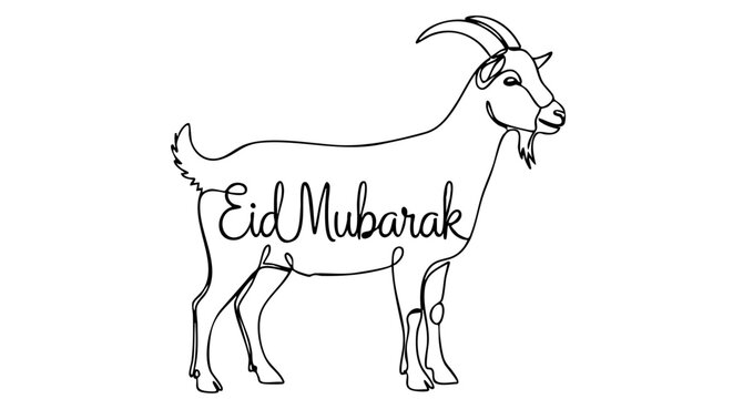 A single line drawing of a goat with the words Eid Mubarak elegantly written on its body