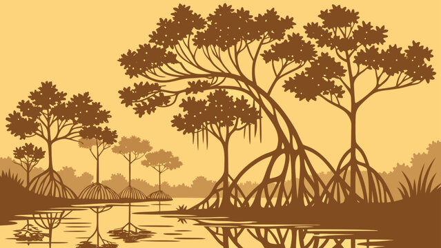 Mangrove forest wetland swamp illustration at golden hour with mangrove