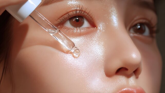 Close-up of a young woman's glowing skin receiving a drop of cosmetic serum from a dropper