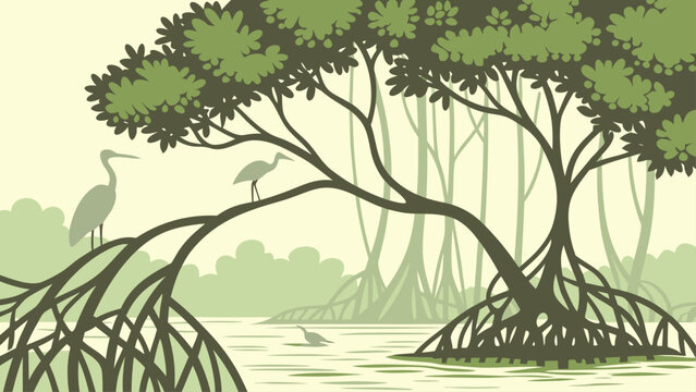 Mangrove forest with herons in a peaceful wetland landscape mangrove landscape