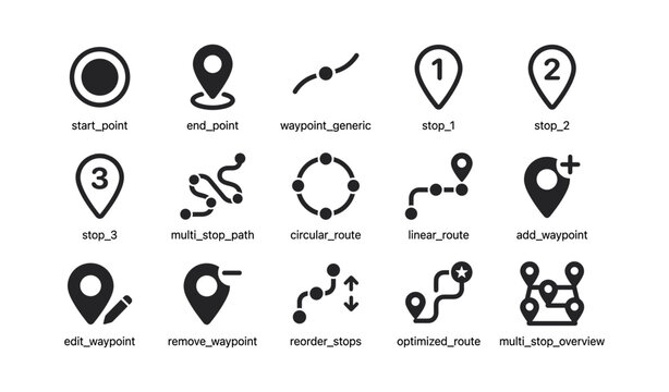 Route and waypoint icons showing stops and path options for navigation