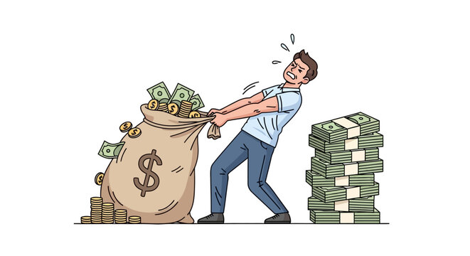 Man struggling to pull a heavy money bag next to stack of cash