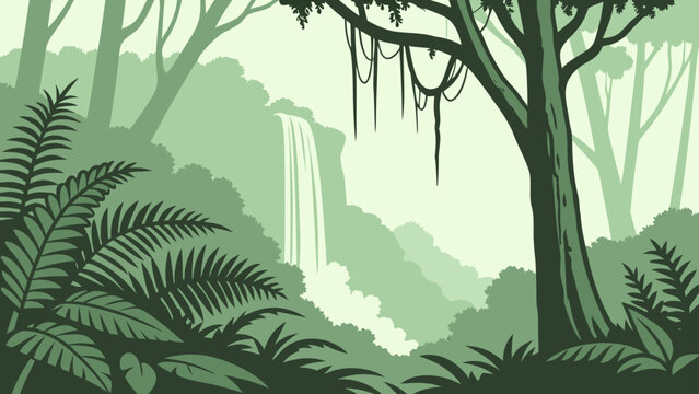 Graphic illustration of tropical waterfall deep inside lush green jungle