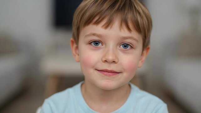 A young boy with rosy cheeks smiling in a blurred background video
