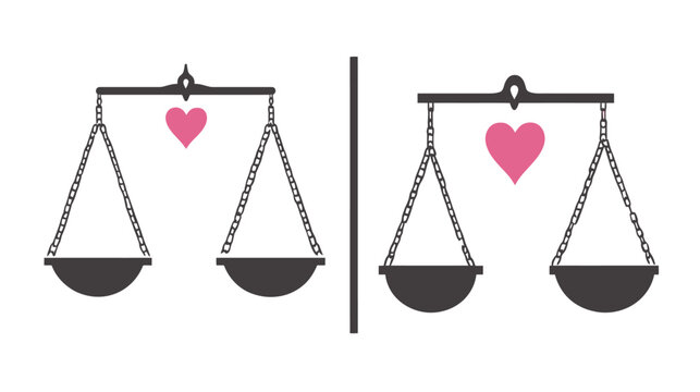 Two balance scales, with hearts positioned on each. The left one balanced and the right one tipped