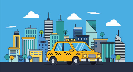 Naklejka premium A yellow taxi drives through a bustling cityscape with buildings and clouds