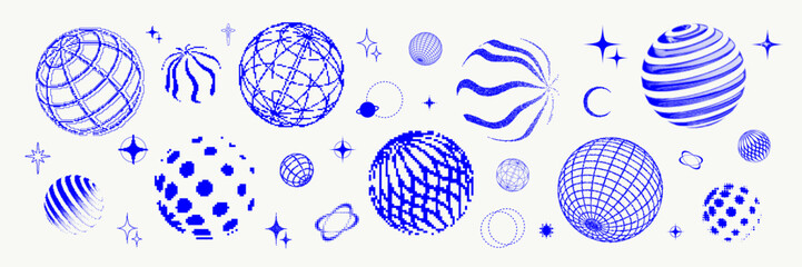 Fototapeta na wymiar Set of abstract geometric shapes with bitmap, halftone and stipple effect. Trendy vector illustration with 3d wireframe models. Concept techno style