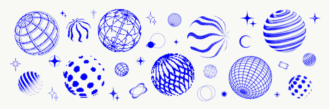 Set of abstract geometric shapes with bitmap, halftone and stipple effect. Trendy vector illustration with 3d wireframe models. Concept techno style