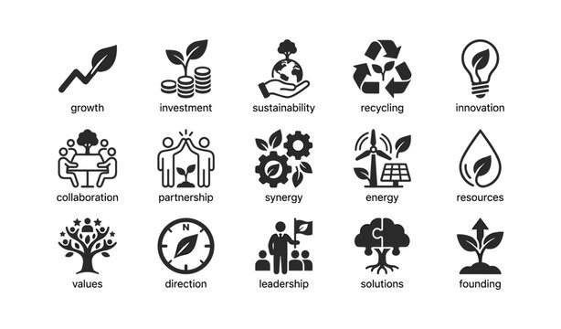 Sustainability and green energy icons displayed on white background