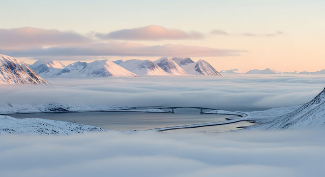 Stunning winter landscape in norway featuring snowcovered mountains rising above a thick layer of lowhanging clouds and fog