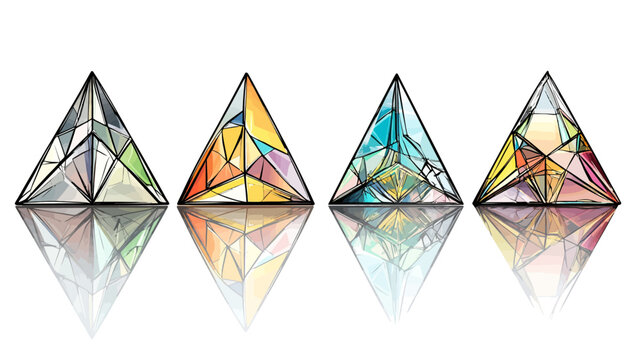 Four abstract pyramids of different colors and refracted light, with reflections below