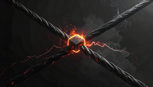 Interwoven: An intricate composition of cables intersecting around an illuminated cube, creating a striking visual narrative of connection and energy.