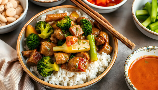 chinese beef and broccoli  stir fry with sides, angled photoshot. White tone