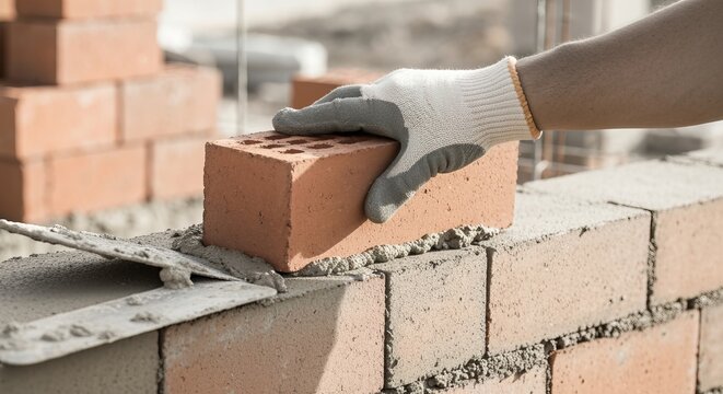 Skilled Bricklayer Building a Strong Brick Wall with Precision Tools and Techniques on Site