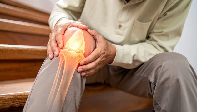 階段で膝の痛みに悩む高齢者　膝関節の痛み・関節炎などのイメージ 