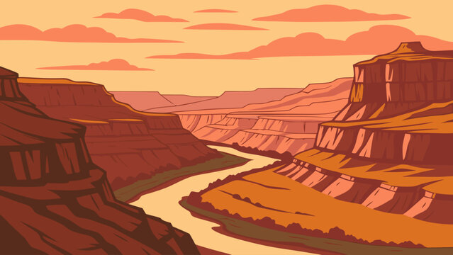 Stylized canyon river landscape illustration at dusk with landscape, formation