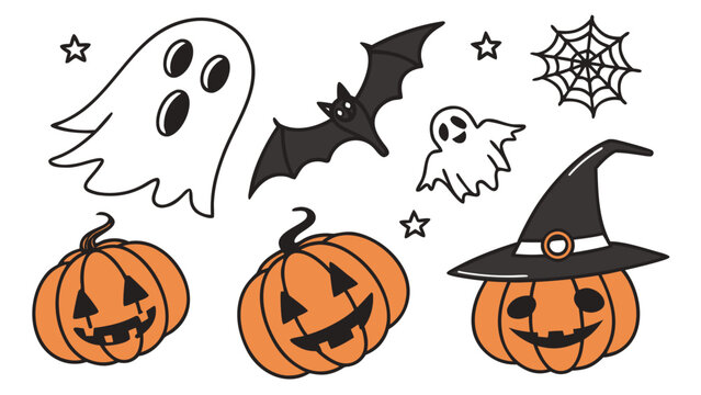 Halloween icon set with jack o lanterns ghosts and bat halloween spiderweb