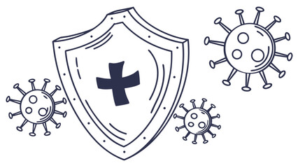 Fototapeta premium Protective medical shield icon surrounded by stylized viruses illustration