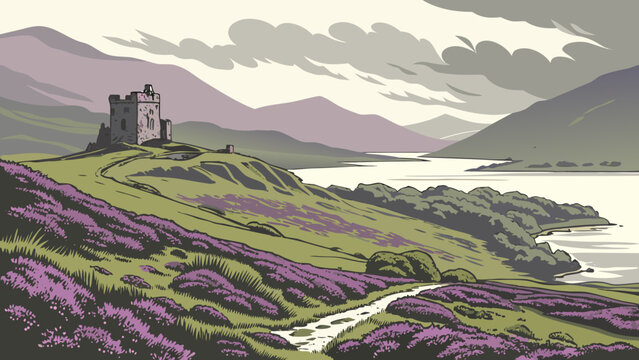 Scottish highlands landscape featuring ancient stone castle ruins, scotland