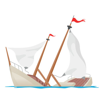 An illustration of a wrecked sailboat with torn sails and damaged masts. The boat is partially sunk. Concept art for a shipwreck or accident at sea.
