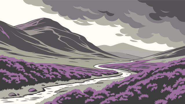 Illustration of a winding path through purple heather hills under stormy skies