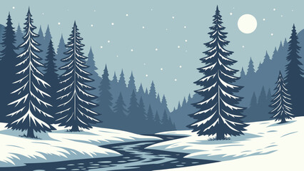 Obraz premium Winter forest landscape with snow covered trees and frozen river at night