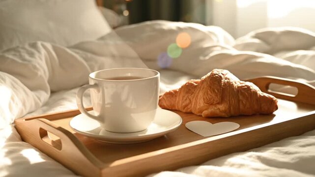 Morning breakfast scene with steaming cup of tea, croissant, and heart-shaped card on wooden tray atop cozy white bedding in softly lit bedroom