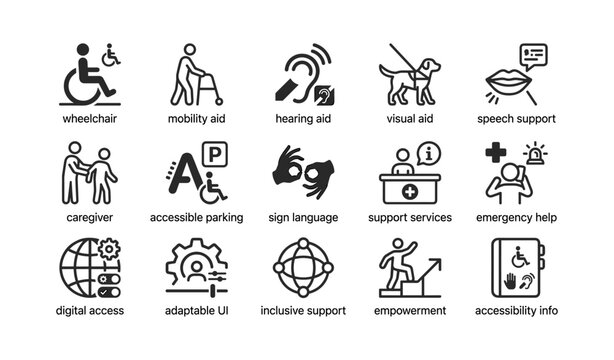 Accessibility and support icons arranged in grid on white
