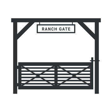 Illustration of a ranch gate with a wooden fence leading into an area used for housing livestock in a rural setting