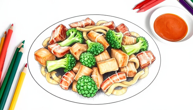 chinese beef and broccoli  stir fry with sides, crayon drawing. White tone