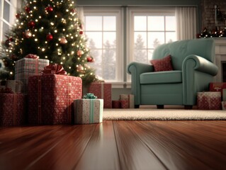 Naklejka premium Cozy Christmas Living Room Scene with Decorated Tree, Gifts, and Armchair by Large Window