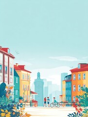 Fototapeta premium Vibrant European Street Scene with Colorful Buildings, Pedestrians, and Cyclists in Warm Sunlight