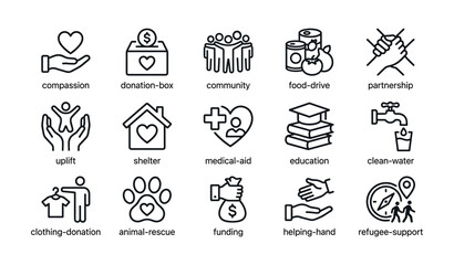 Fototapeta premium Charity icons displayed in rows on white background