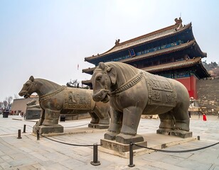 Fototapeta premium Ancient stone elephant and horse statues.