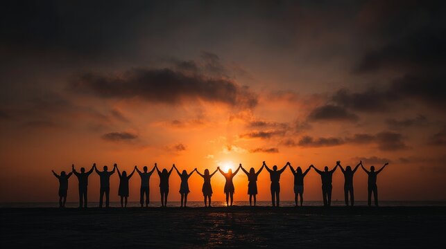 Group of people holding hands up in air with sunset sky background, unity teamwork celebration silhouette hope concept.
